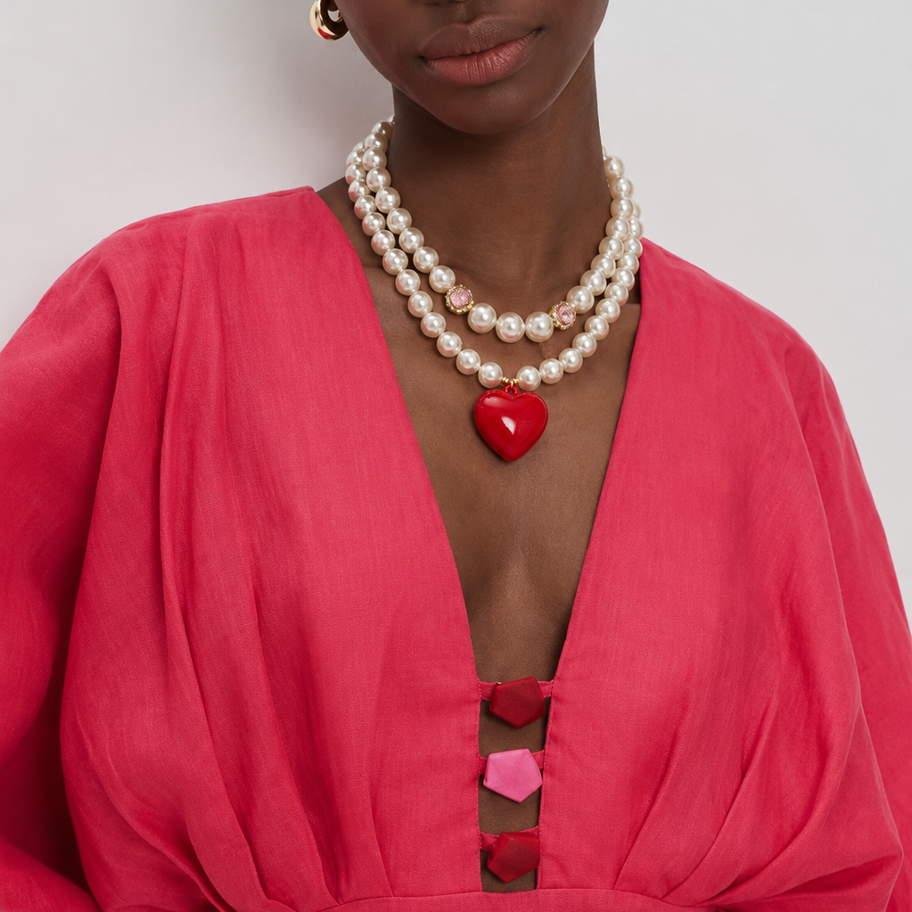 Chunky heart necklace with pink crystal stones