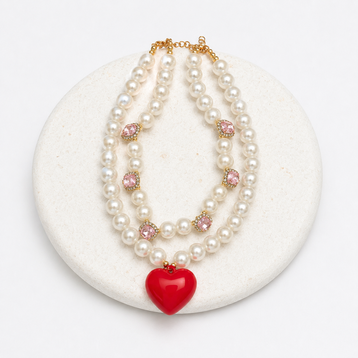 Chunky heart necklace with pink crystal stones