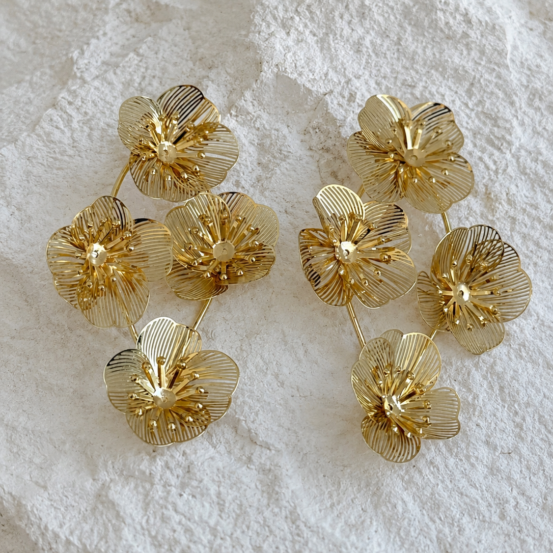 Oversized gold floral drop earrings