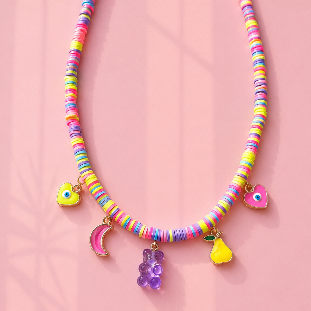 Teddy charm neon surfer necklace