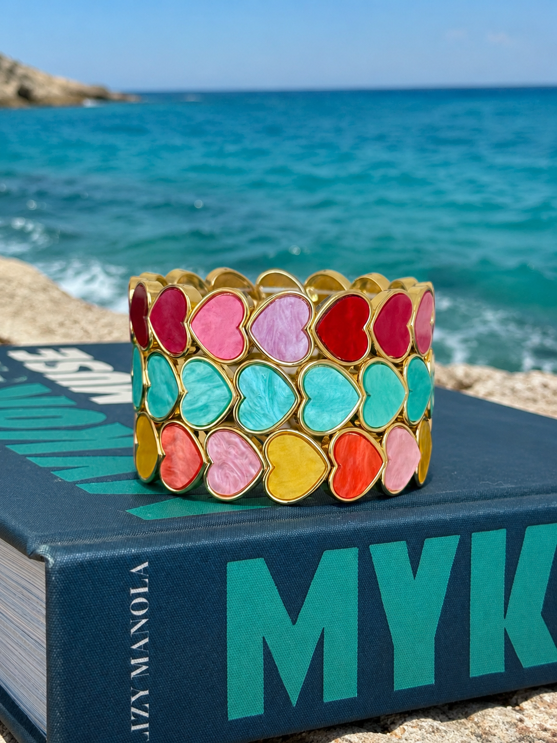 Red & pink big hearts enamel bracelet