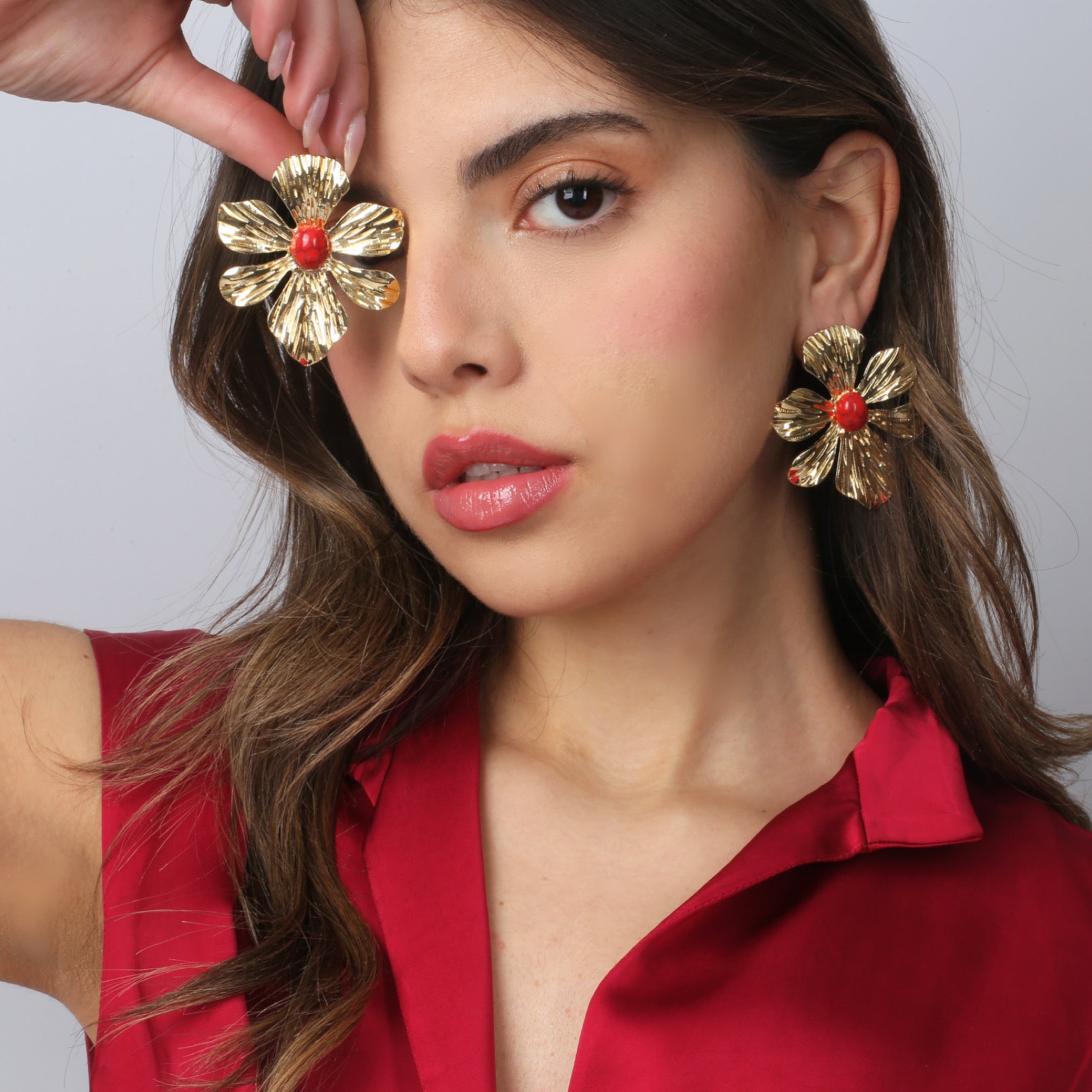 Deep red floral earrings