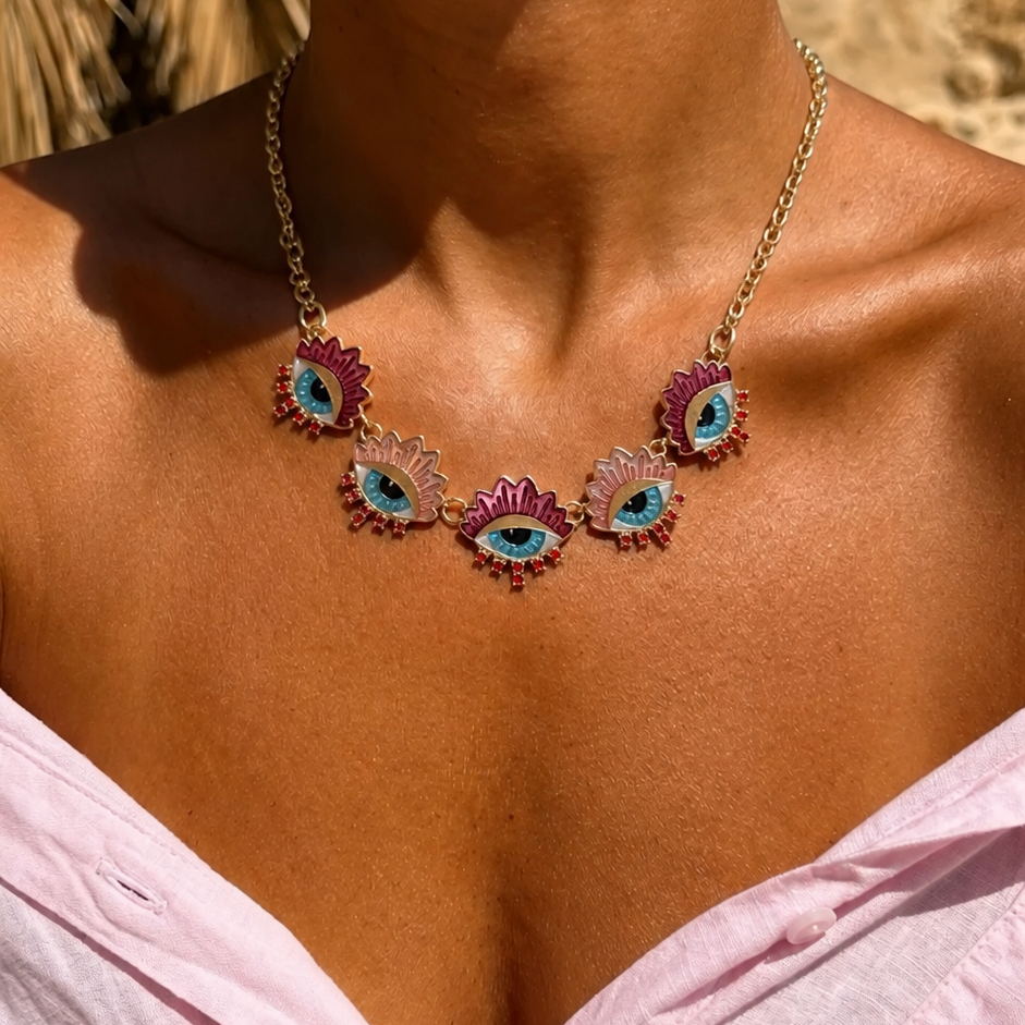 All eyes red & pink chain necklace
