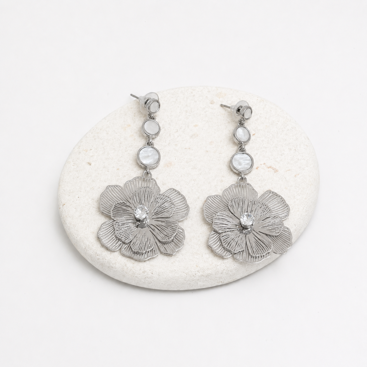 Floral drop earrings with white enamel