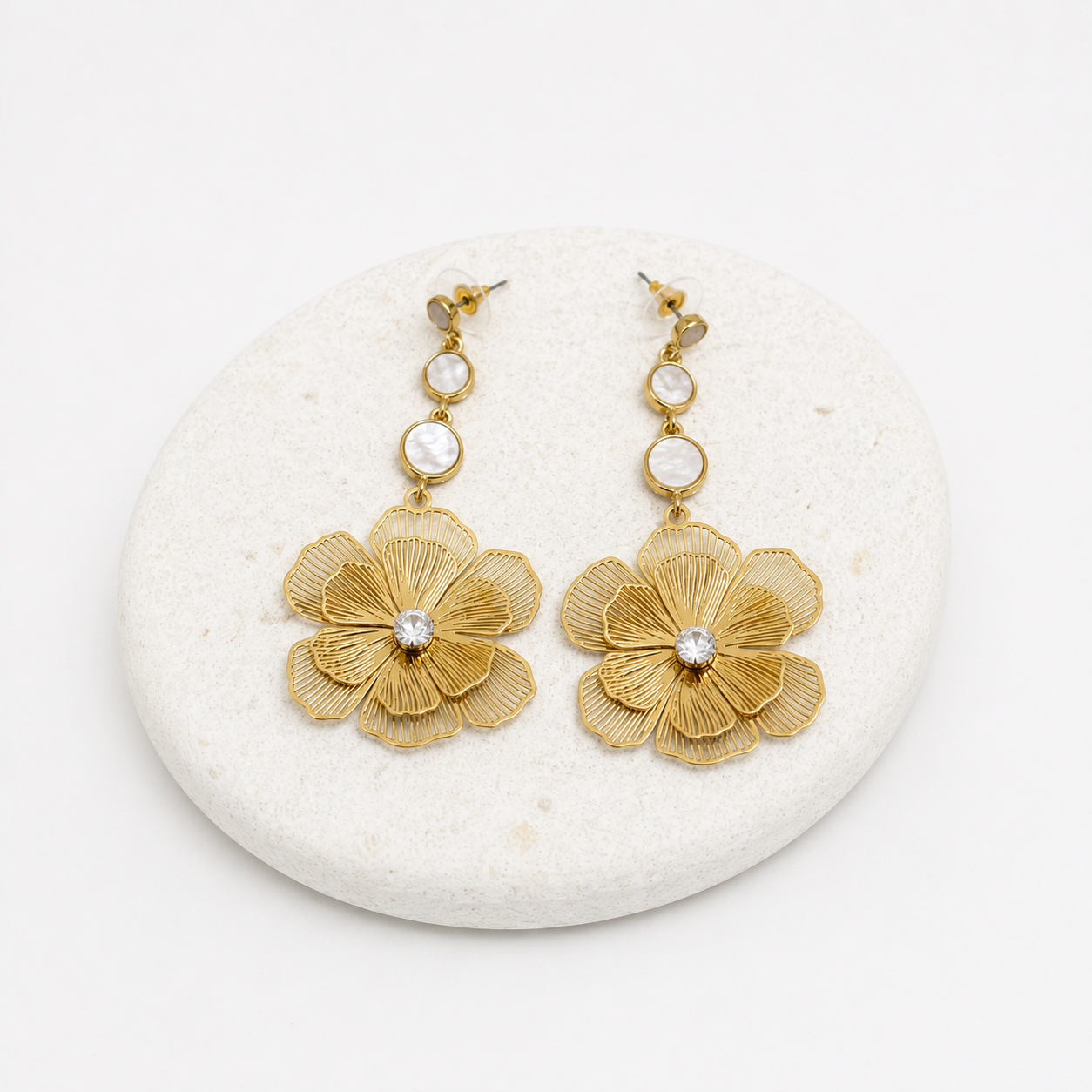 Floral drop earrings with white enamel