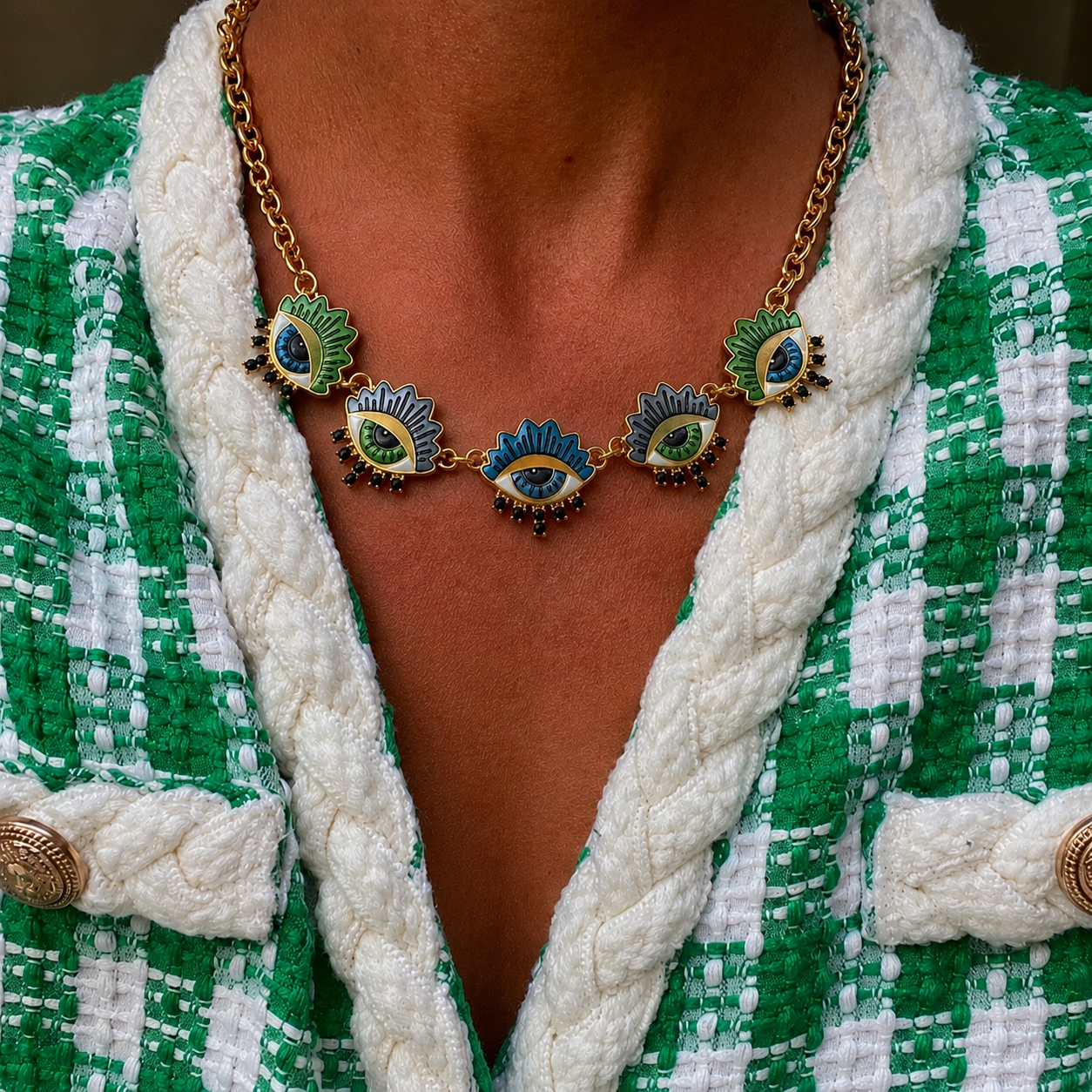 All eyes blue & green chain necklace