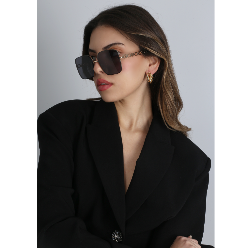 Oversized black sunglasses with chain details